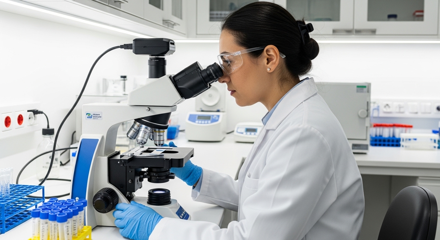 Profissional analisando lâmina em microscópio de laboratório
