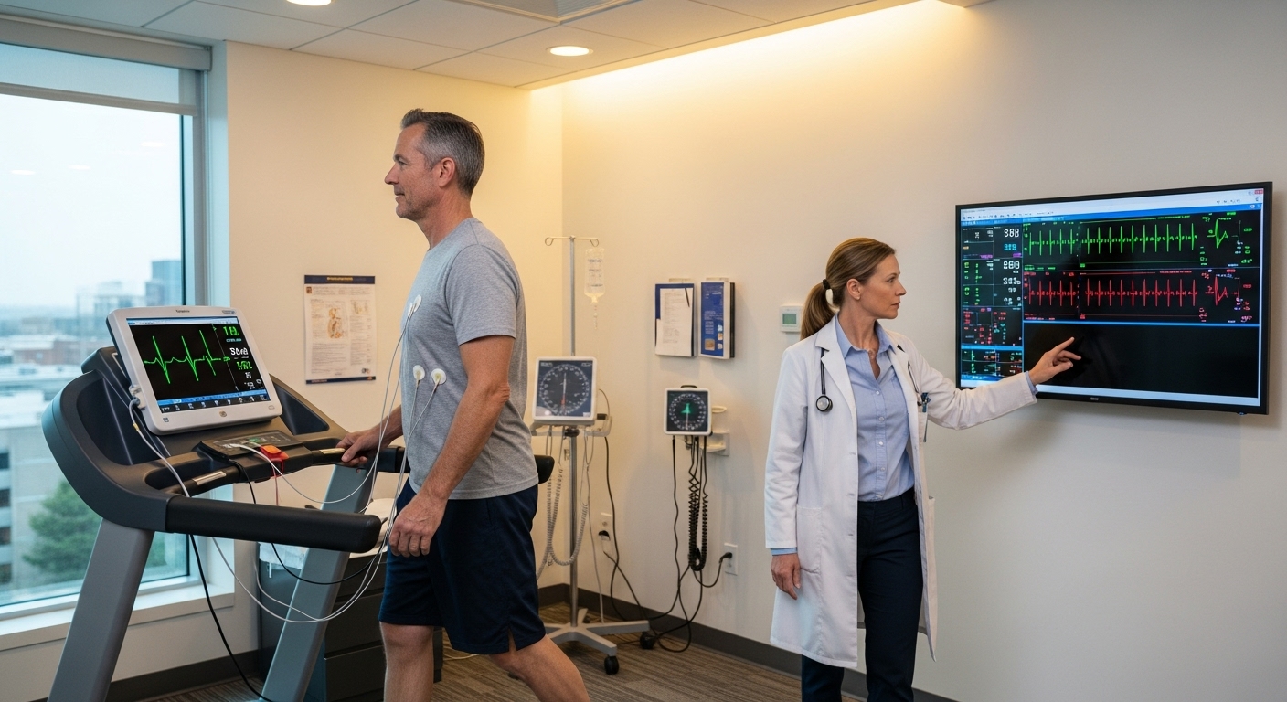 Paciente realizando Teste Ergométrico em esteira, monitorado por equipe médica